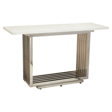Image of White Marble Top Console Table with Geometric Silver Stainless Steel Base, Moda