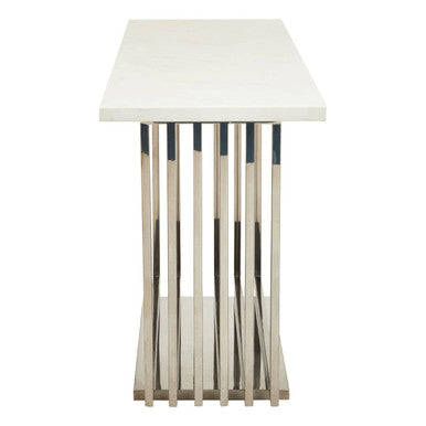 Image of White Marble Top Console Table with Geometric Silver Stainless Steel Base, Moda