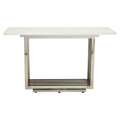 Image of White Marble Top Console Table with Geometric Silver Stainless Steel Base, Moda