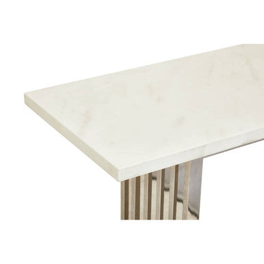 Image of White Marble Top Console Table with Geometric Silver Stainless Steel Base, Moda