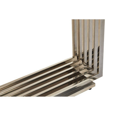 Image of White Marble Top Console Table with Geometric Silver Stainless Steel Base, Moda