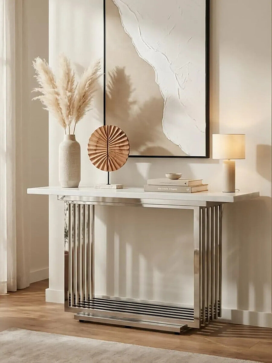 Image of White Marble Top Console Table with Geometric Silver Stainless Steel Base, Moda