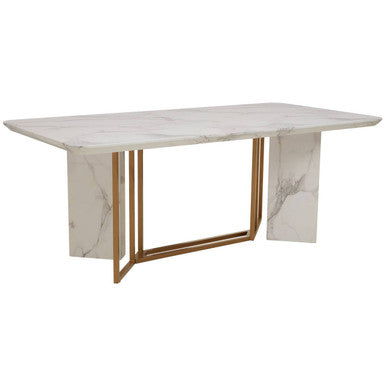 Image of White Marble Top Rectangular Dining Table with Gold Finish Intersecting Base, Vieste