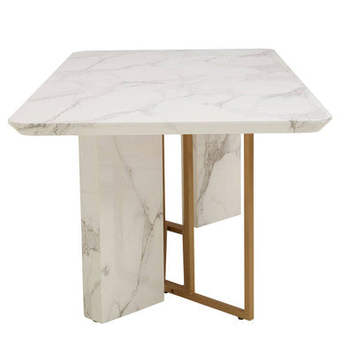 Image of White Marble Top Rectangular Dining Table with Gold Finish Intersecting Base, Vieste