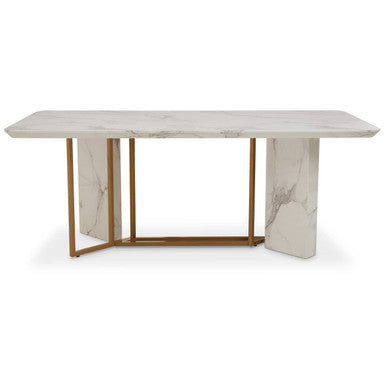 Image of White Marble Top Rectangular Dining Table with Gold Finish Intersecting Base, Vieste