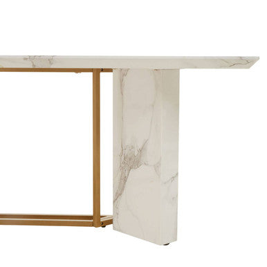 Image of White Marble Top Rectangular Dining Table with Gold Finish Intersecting Base, Vieste