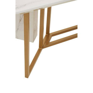 Image of White Marble Top Rectangular Dining Table with Gold Finish Intersecting Base, Vieste
