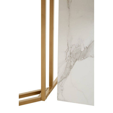 Image of White Marble Top Rectangular Dining Table with Gold Finish Intersecting Base, Vieste