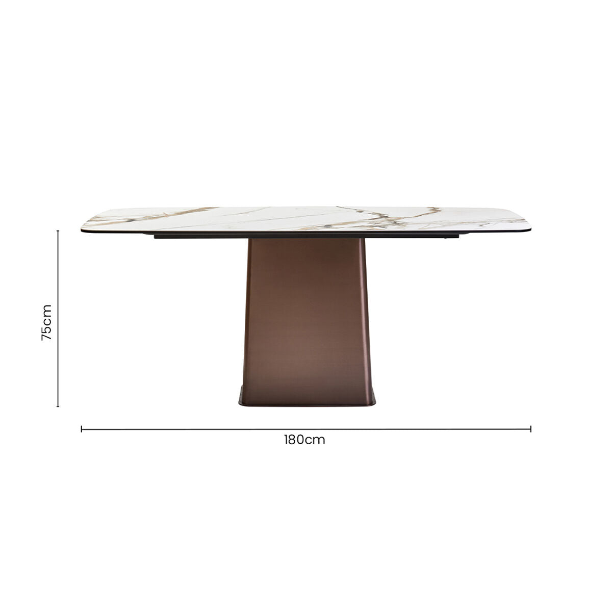 Image of White Marble Effect Ceramic Rectangular Dining Table with Brushed Bronze Steel Column Base, Imperia