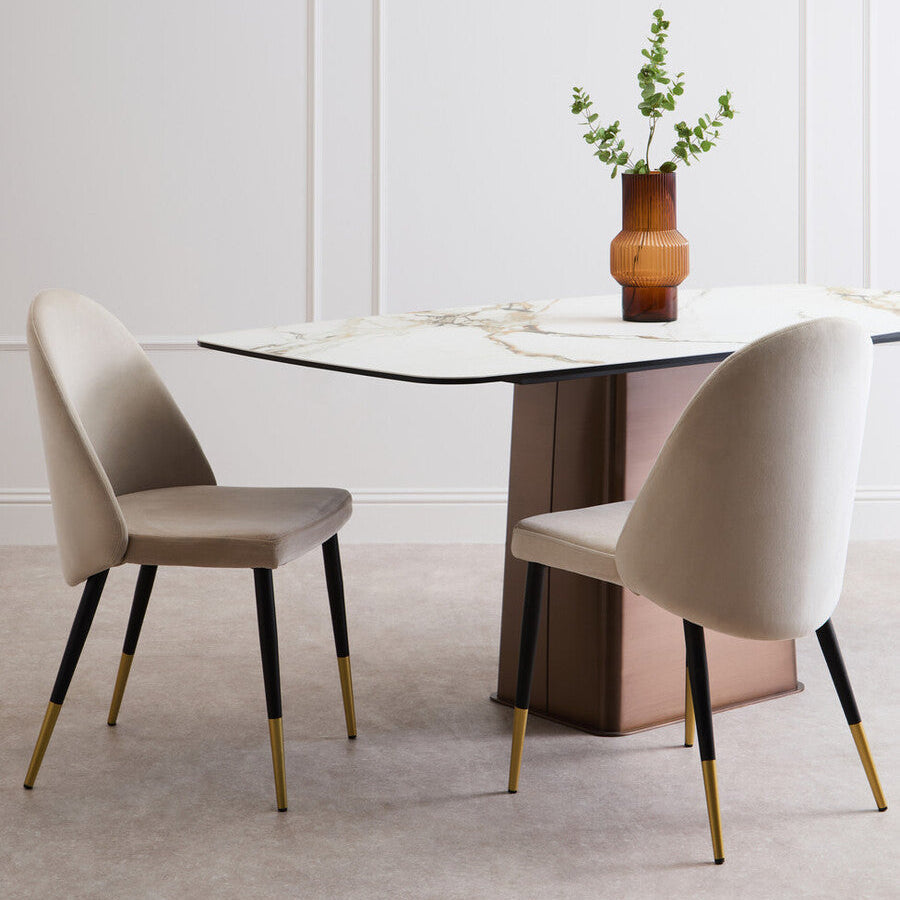 Image of White Marble Effect Ceramic Rectangular Dining Table with Brushed Bronze Steel Column Base, Imperia