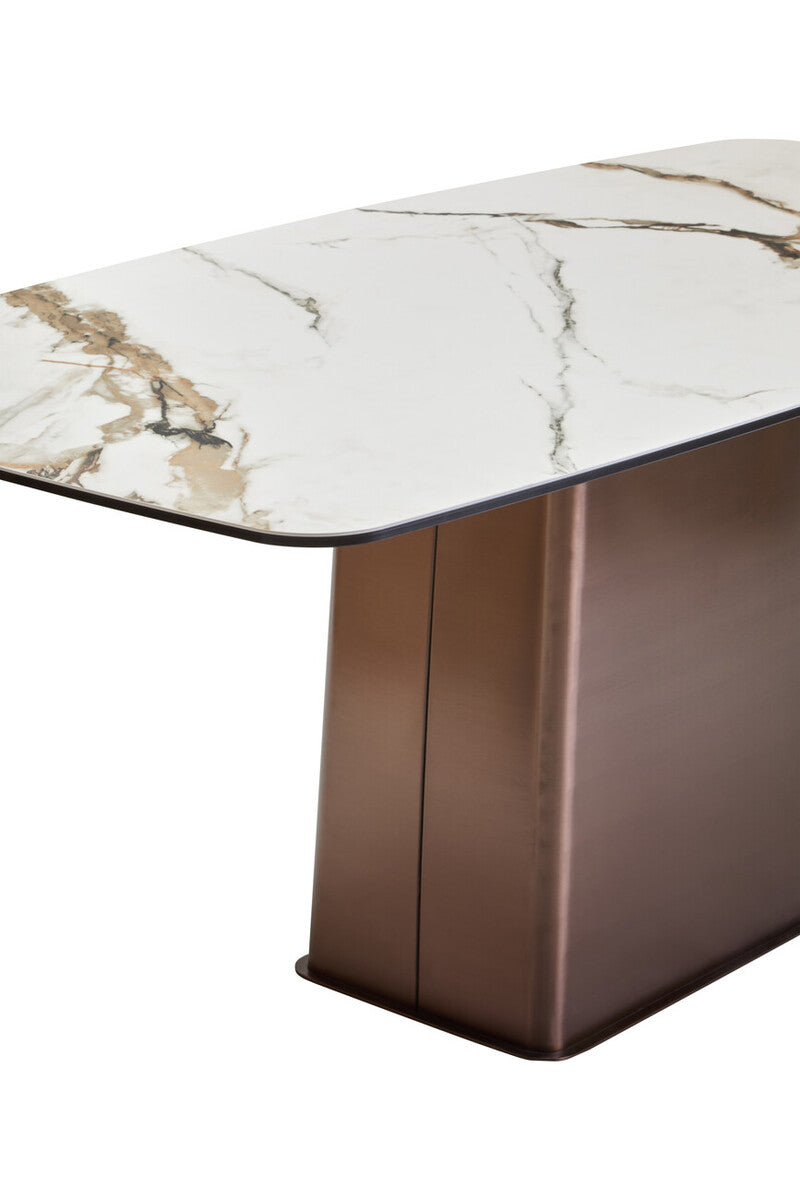 Image of White Marble Effect Ceramic Rectangular Dining Table with Brushed Bronze Steel Column Base, Imperia