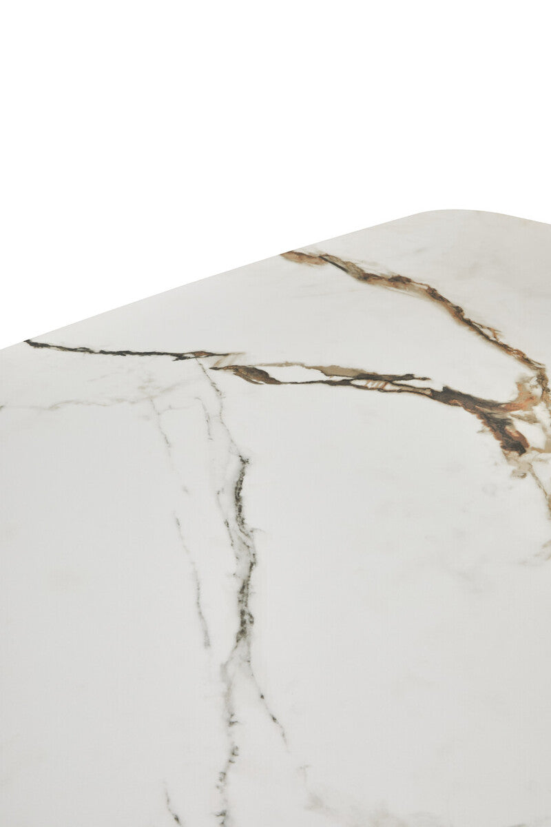 Image of White Marble Effect Ceramic Rectangular Dining Table with Brushed Bronze Steel Column Base, Imperia