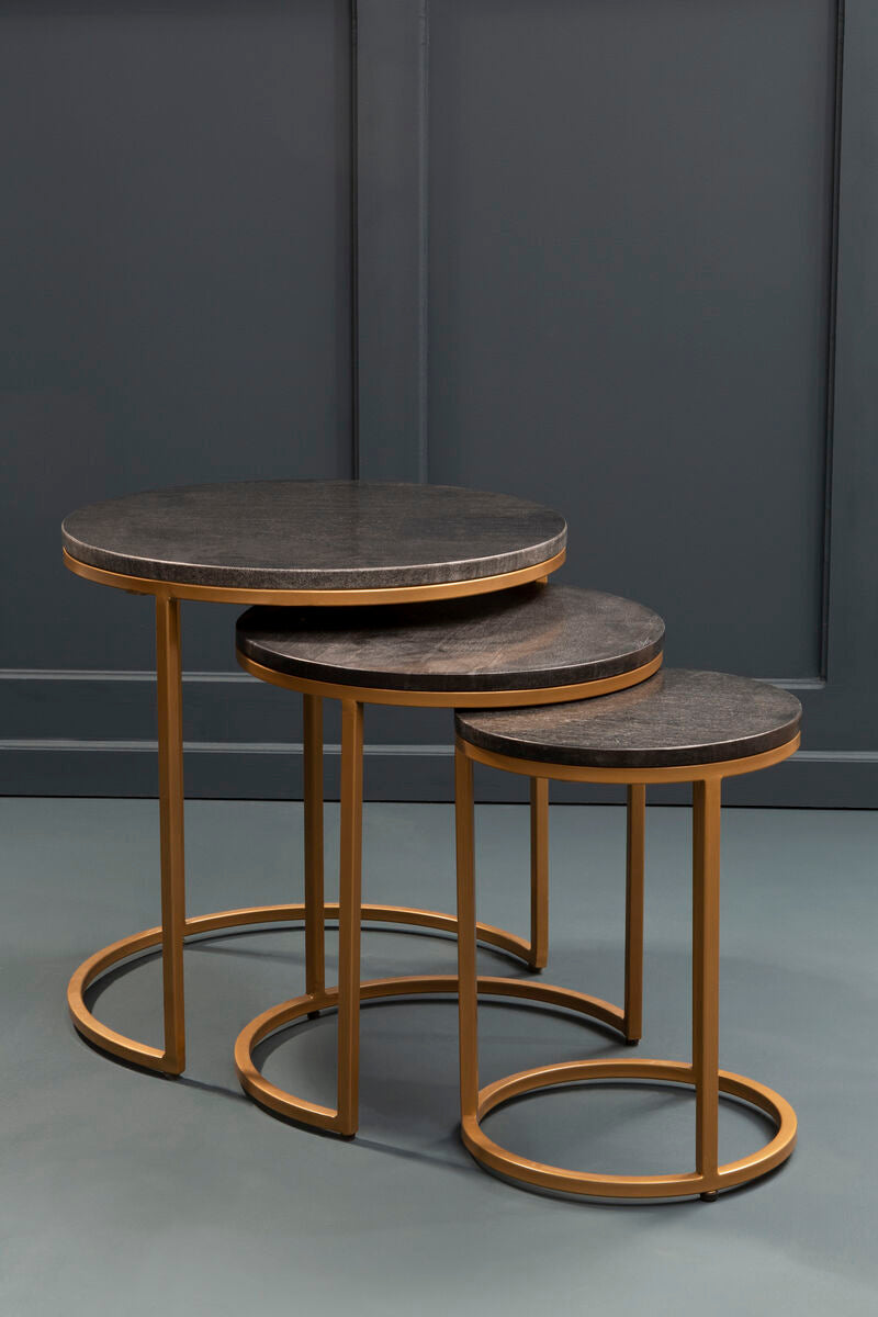 Image of Nest of 3 Black Marble Round Top Nesting Tables with Matte Gold Metal Base, Varana