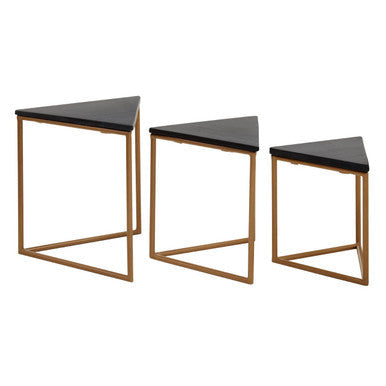 Image of Set of 3 Black Marble Triangular Nesting Tables with Matte Gold Metal Frames, Varana