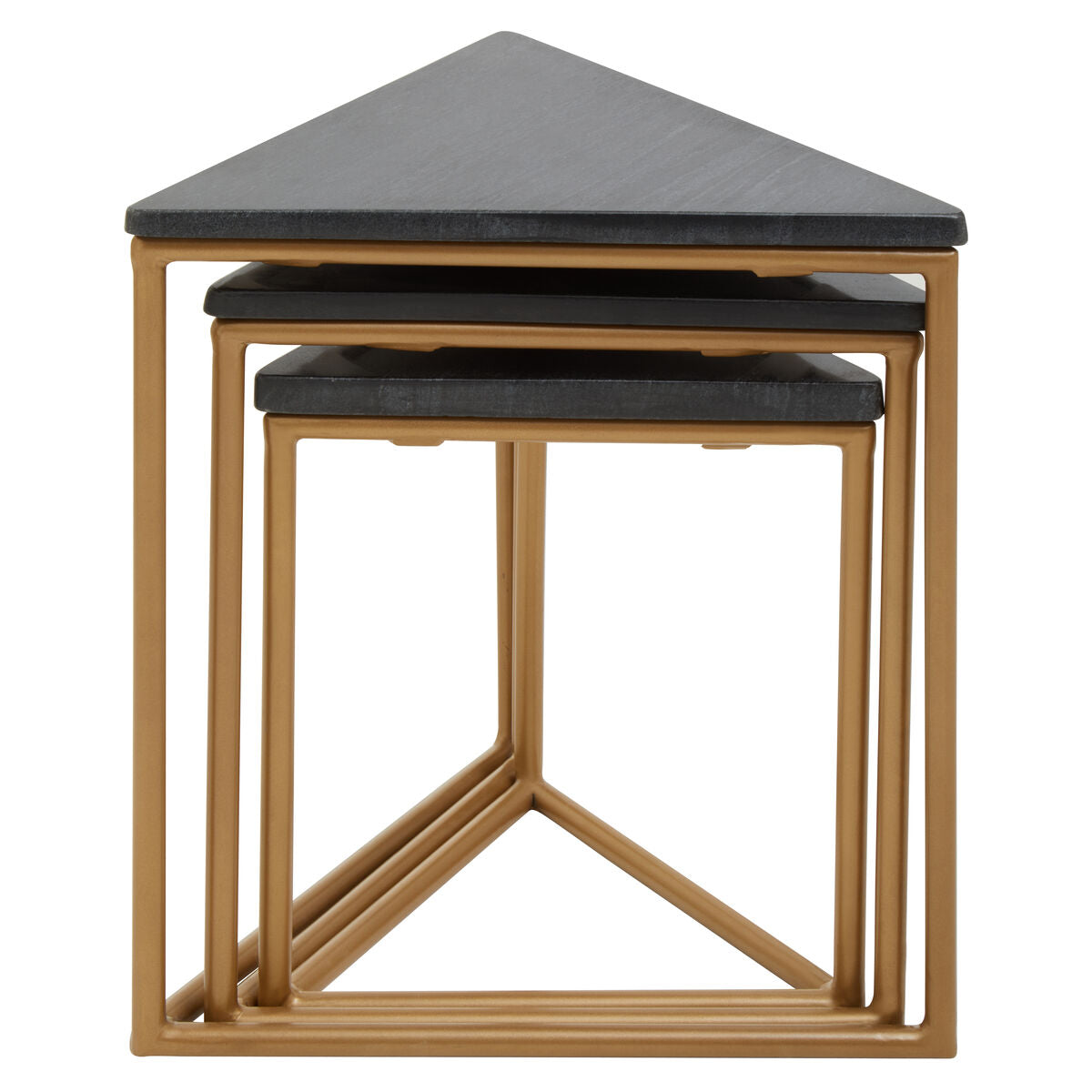 Image of Set of 3 Black Marble Triangular Nesting Tables with Matte Gold Metal Frames, Varana