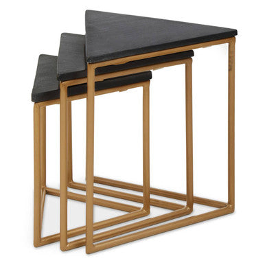 Image of Set of 3 Black Marble Triangular Nesting Tables with Matte Gold Metal Frames, Varana