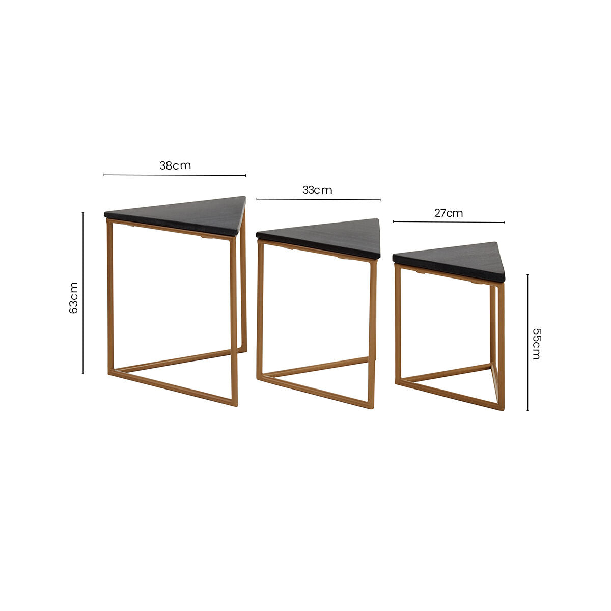 Image of Set of 3 Black Marble Triangular Nesting Tables with Matte Gold Metal Frames, Varana