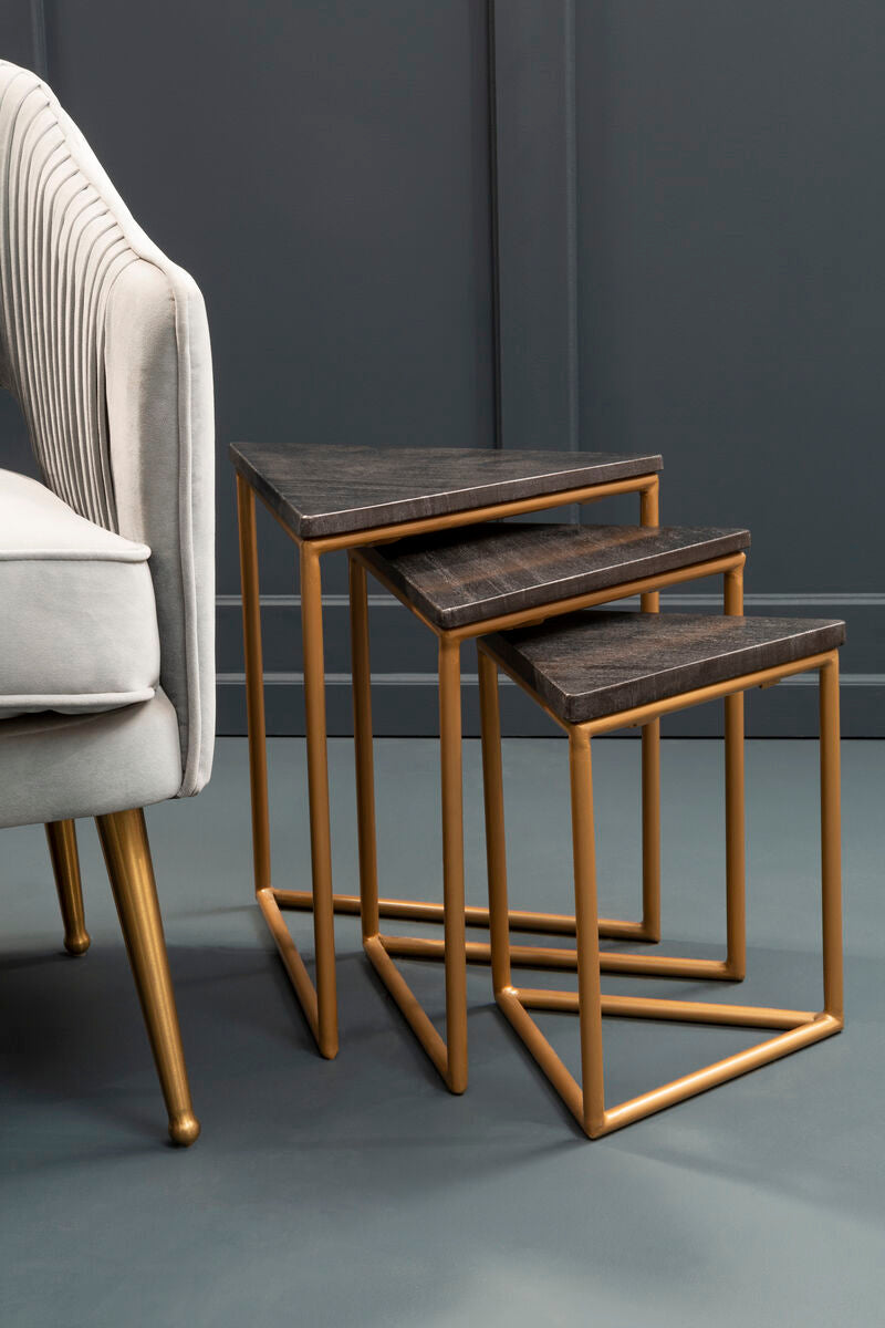 Image of Set of 3 Black Marble Triangular Nesting Tables with Matte Gold Metal Frames, Varana