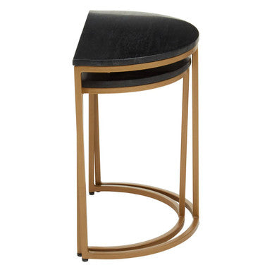 Image of Nest of 2 Half Moon Black Marble Top Nesting Tables with Gold Finish Metal Bases, Varana