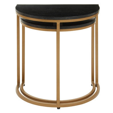 Image of Nest of 2 Half Moon Black Marble Top Nesting Tables with Gold Finish Metal Bases, Varana
