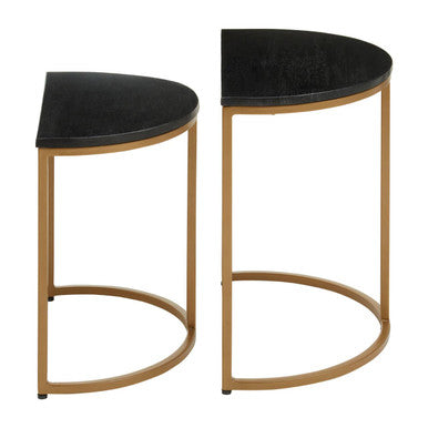 Image of Nest of 2 Half Moon Black Marble Top Nesting Tables with Gold Finish Metal Bases, Varana
