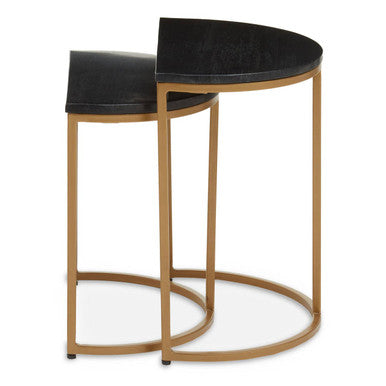 Image of Nest of 2 Half Moon Black Marble Top Nesting Tables with Gold Finish Metal Bases, Varana