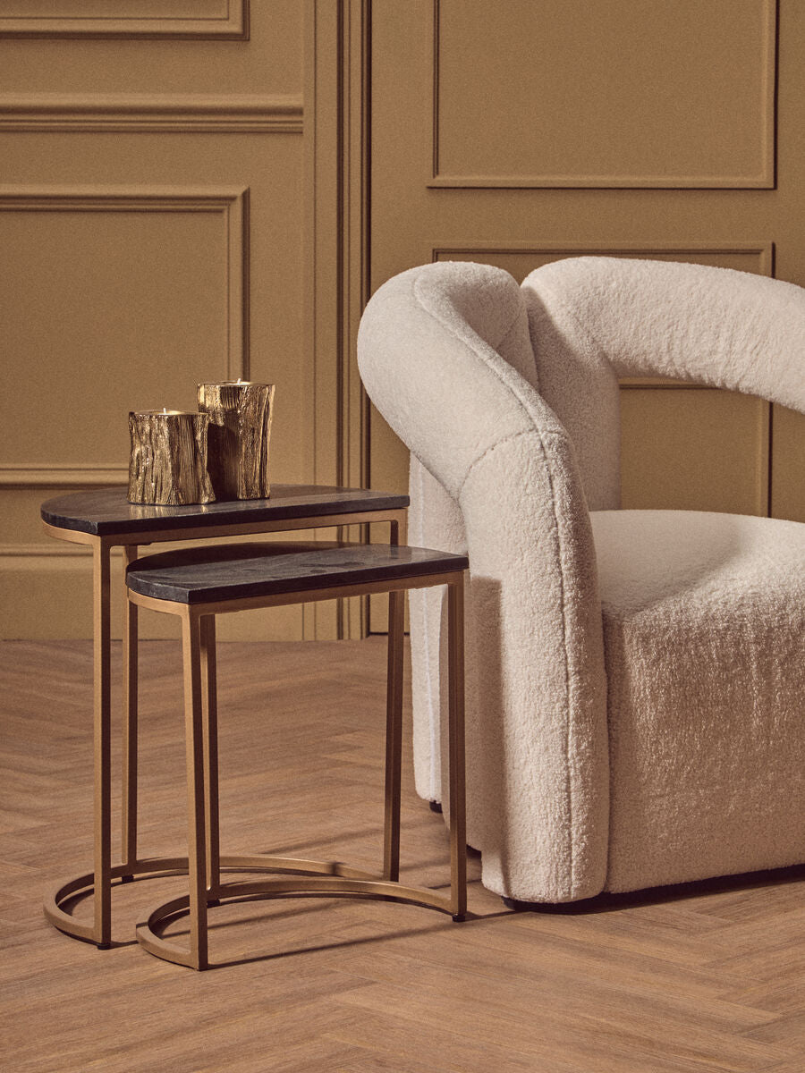 Image of Nest of 2 Half Moon Black Marble Top Nesting Tables with Gold Finish Metal Bases, Varana
