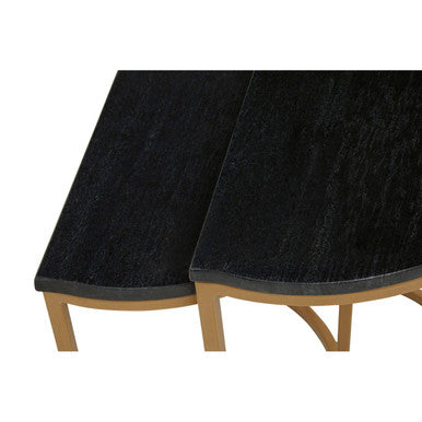 Image of Nest of 2 Half Moon Black Marble Top Nesting Tables with Gold Finish Metal Bases, Varana