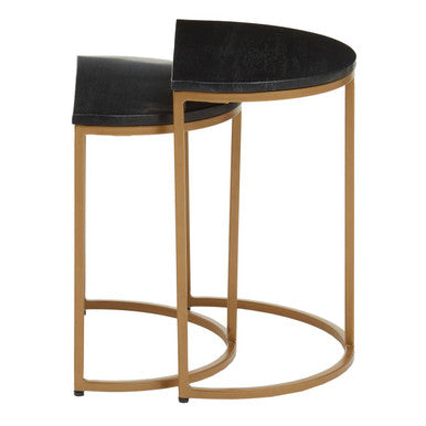 Image of Nest of 2 Half Moon Black Marble Top Nesting Tables with Gold Finish Metal Bases, Varana