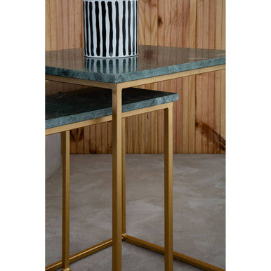 Image of Nest of 2 Green Marble Top Side Tables with Gold Metal Bases, Mandoli