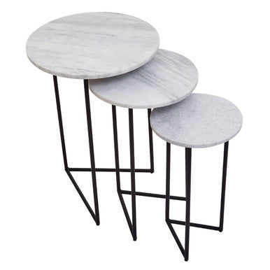 Image of Nest of 3 White Marble Top Side Tables with Black Metal Triangular Bases, Mandoli