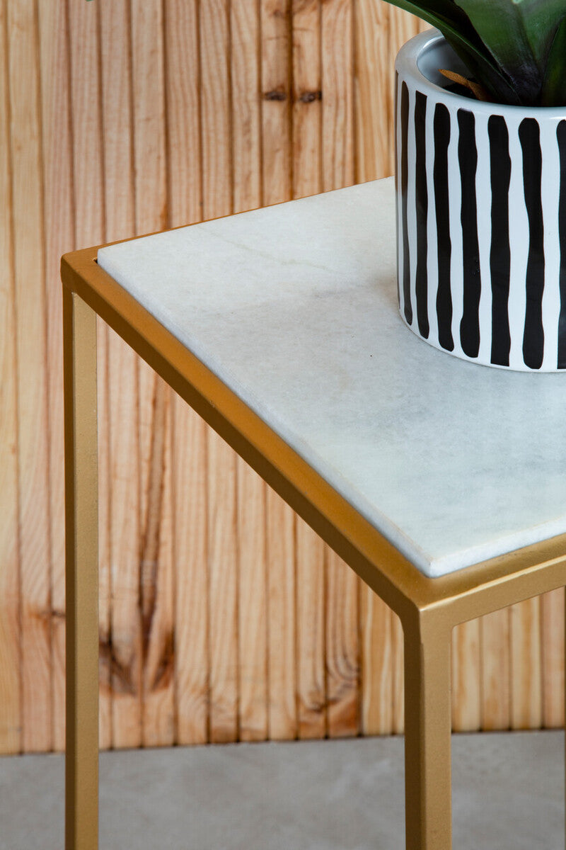 Image of Nest of 2 White Marble Square Top Side Tables with Gold Metal Frame, Mandoli