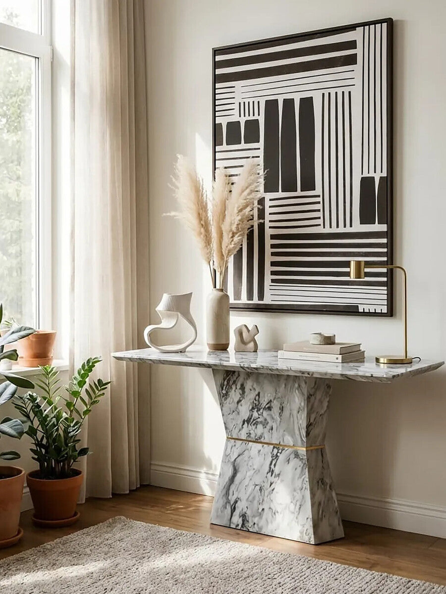 Image of Grey Marble Console Table with Multifaceted Base, Spezia