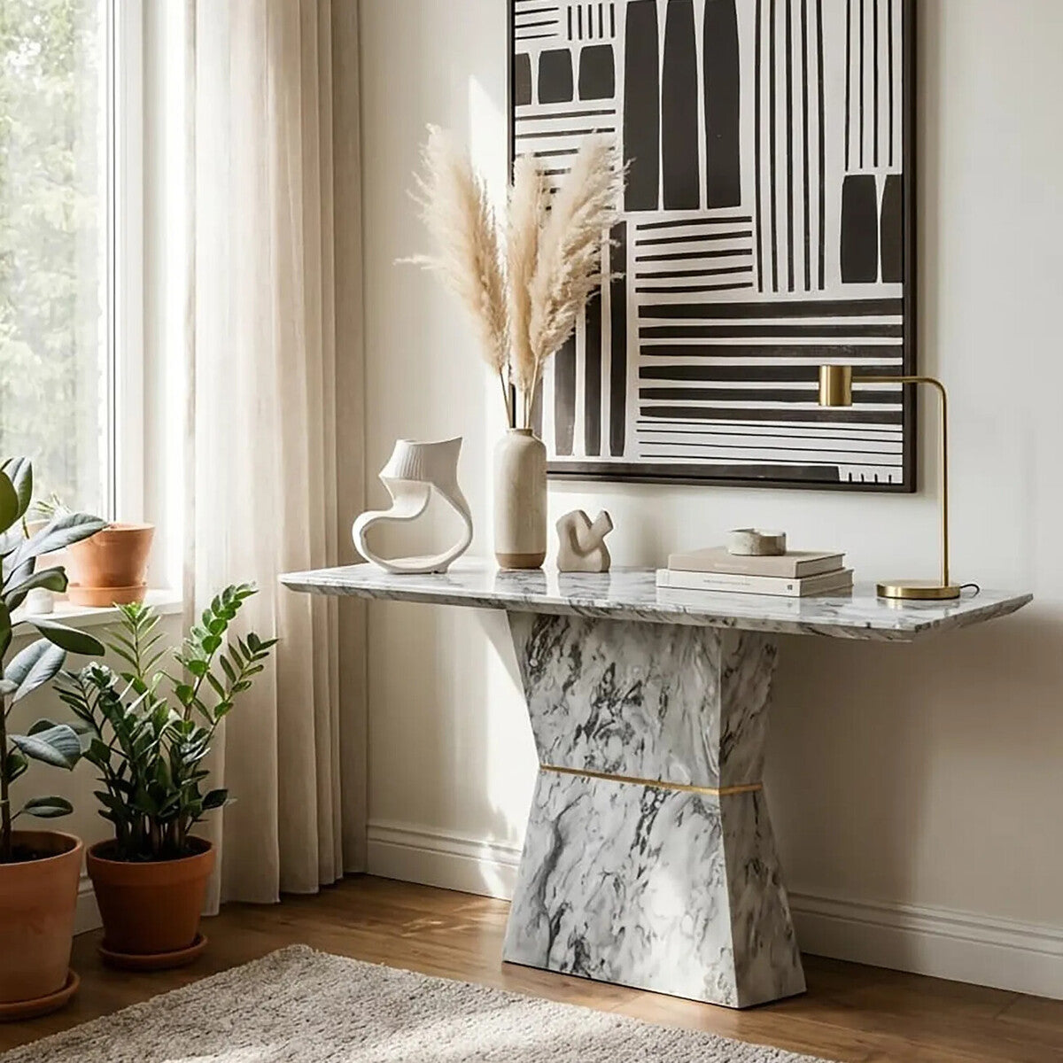 Image of Grey Marble Console Table with Multifaceted Base, Spezia