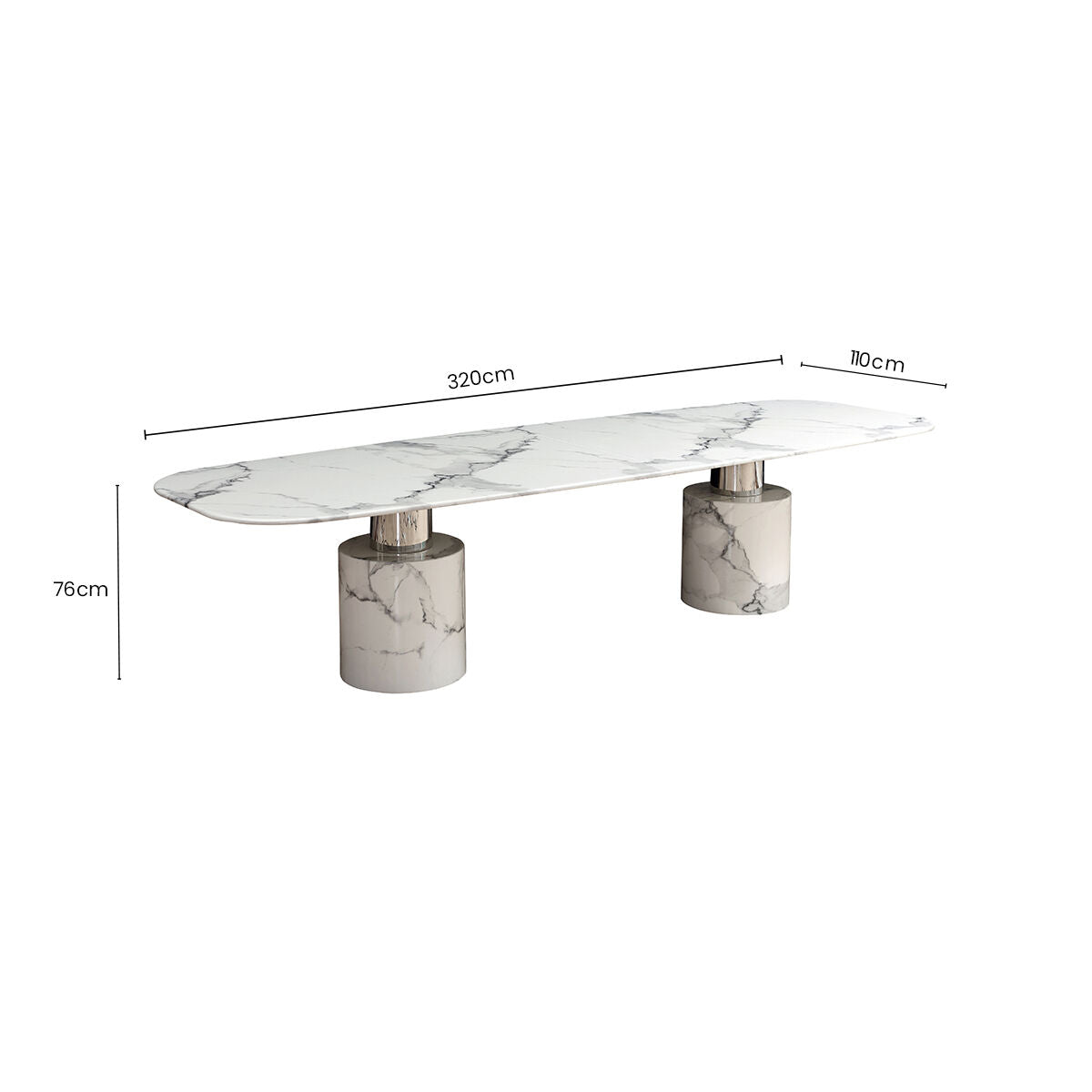 Image of White Marble Dining Table with Cylindrical Marble Legs and Silver Metal Supports, Sesto