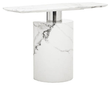 Image of White Marble Console Table with Grey Veining and Stainless Steel Column Base, Sesto