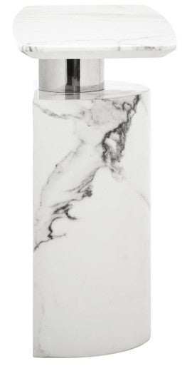 Image of White Marble Console Table with Grey Veining and Stainless Steel Column Base, Sesto