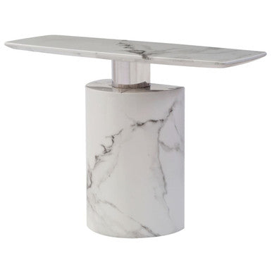 Image of White Marble Console Table with Grey Veining and Stainless Steel Column Base, Sesto