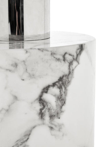 Image of White Marble Console Table with Grey Veining and Stainless Steel Column Base, Sesto
