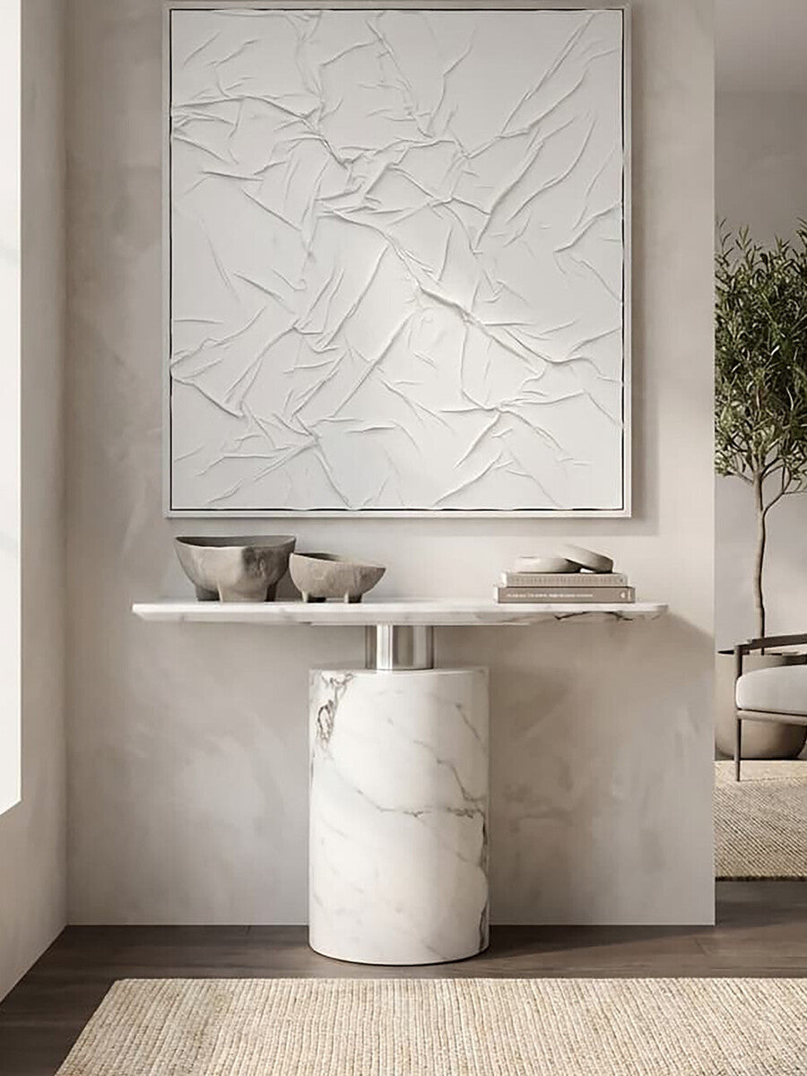 Image of White Marble Console Table with Grey Veining and Stainless Steel Column Base, Sesto