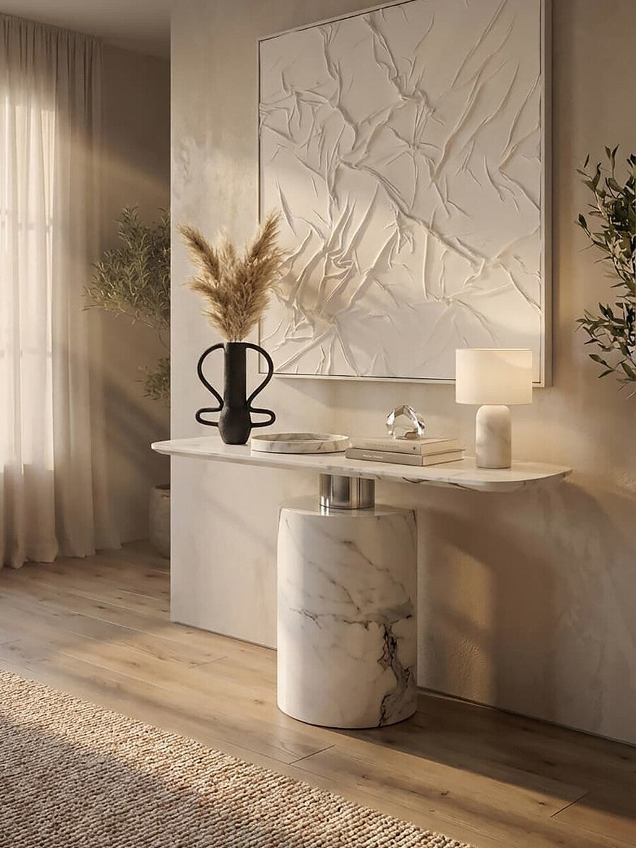 Image of White Marble Console Table with Grey Veining and Stainless Steel Column Base, Sesto