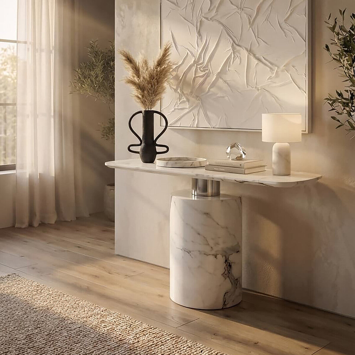Image of White Marble Console Table with Grey Veining and Stainless Steel Column Base, Sesto