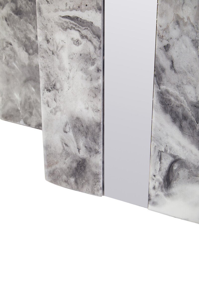Image of Grey Marble Top Coffee Table with Pedestal Base and Silver Metal Trim, Saronno
