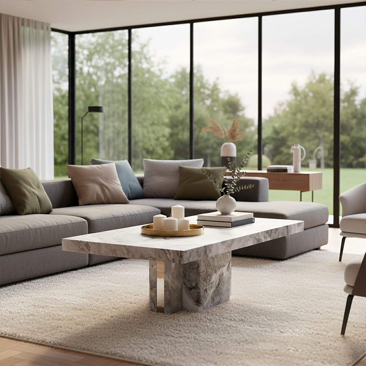 Image of Grey Marble Top Coffee Table with Pedestal Base and Silver Metal Trim, Saronno
