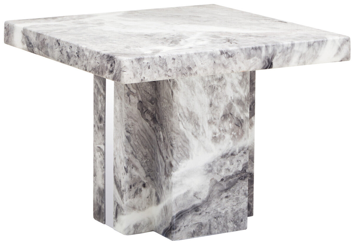 Image of Grey Marble Top Side Table with Pedestal Base and Silver Stainless Steel Detailing, Saronno