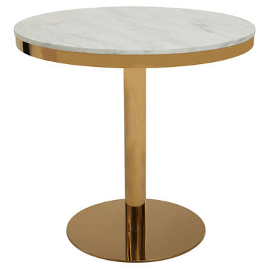 Image of White Marble Round Top Dining Table with Luxe Gold Finish Pedestal Base, Azalea