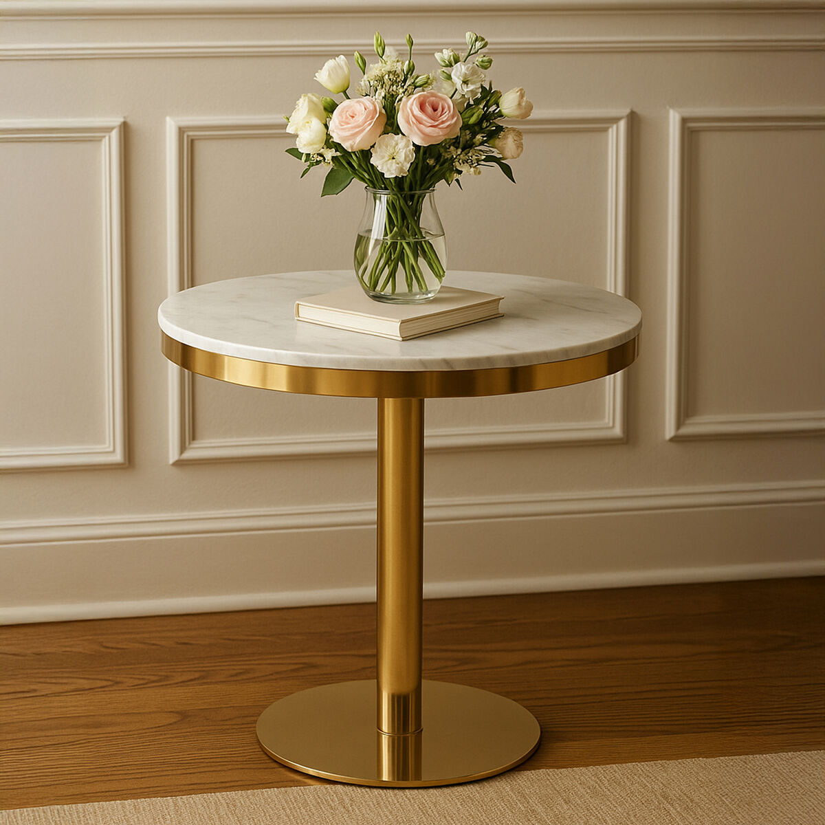 Image of White Marble Round Top Dining Table with Luxe Gold Finish Pedestal Base, Azalea