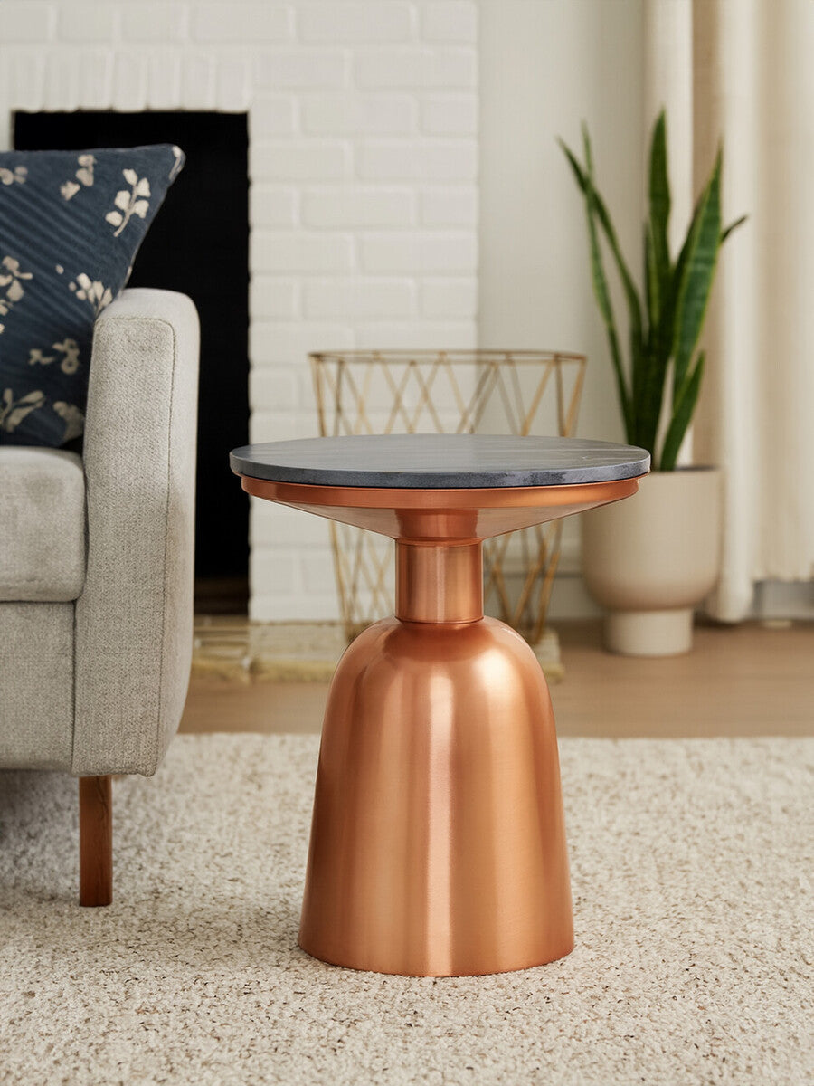 Image of Black Marble Top Side Table with Chunky Copper Iron Base, Amira