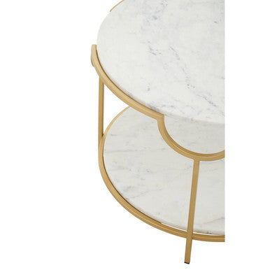 Image of Two-Tier White Marble Top Side Table with Gold Finish Iron Frame, Pali
