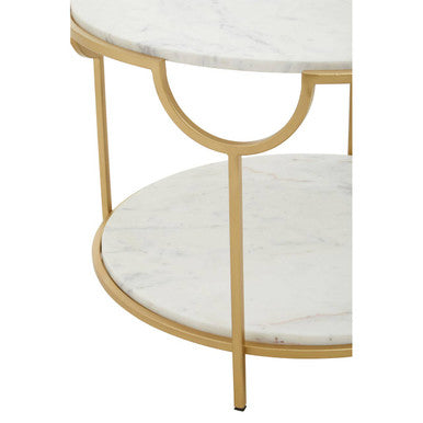Image of Two-Tier White Marble Top Side Table with Gold Finish Iron Frame, Pali